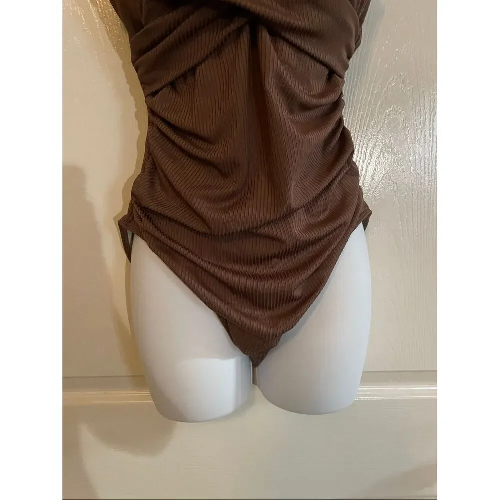Boutique Medium One Piece Bikini Brown Minimal V Neck